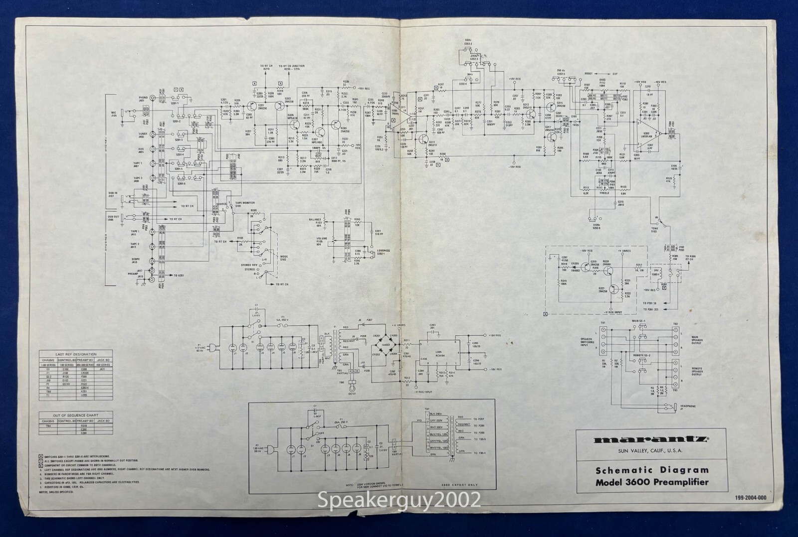 Original Marantz 3600 Preamplifier Foldout Schematic