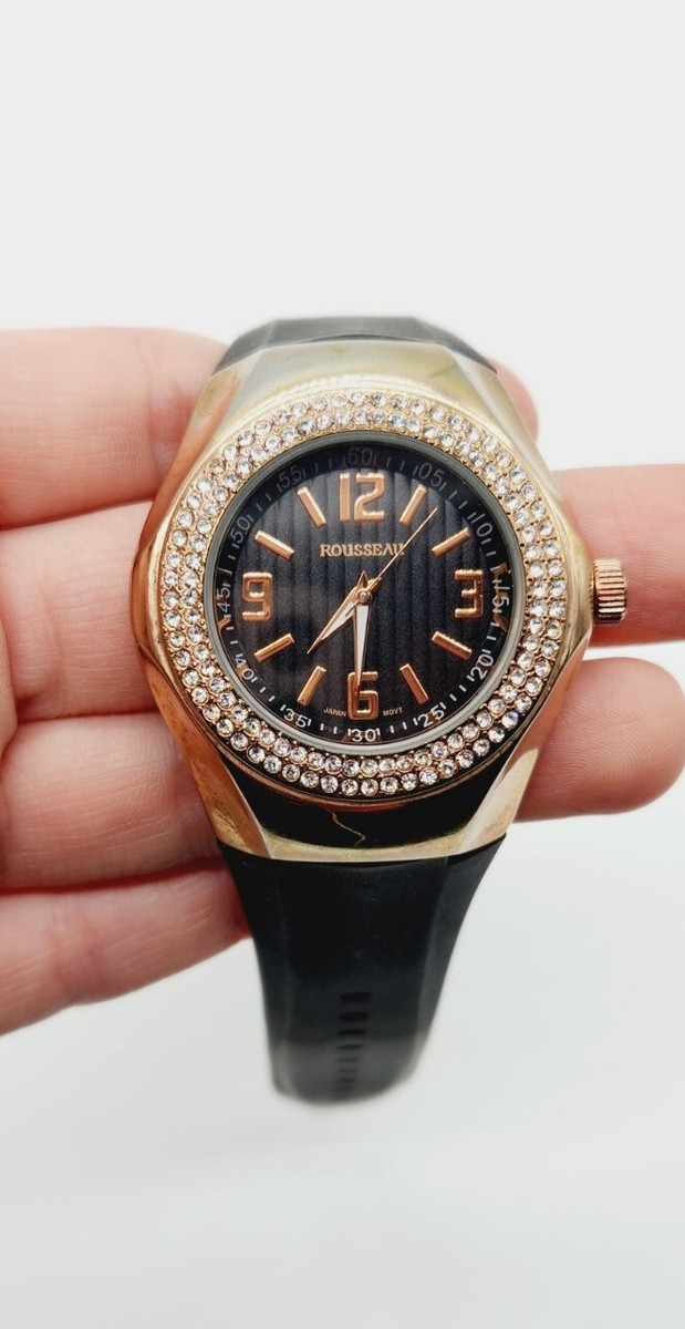 Rousseau wrist watch NO 9664 rose gold tone rhinestone black  display picture 2