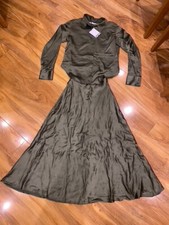 ZARA GREENISH KHAKI LONG SATIN SHIRT DRESS CUT OUT SIZE LARGE L