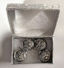 Set of 4 Cat-face beads for jewelry making. Silver, about  " across, holes on si