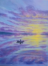 Sunset Lake – 16x12 Original Painting, Seascape with Boat, Evening Landscape