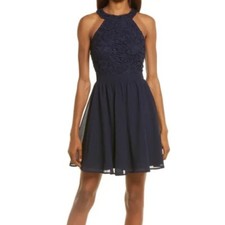 Lulu’s Lovers Game Lace Fit & Flare Dress in Navy Blue Style # 66451 Size S EUC