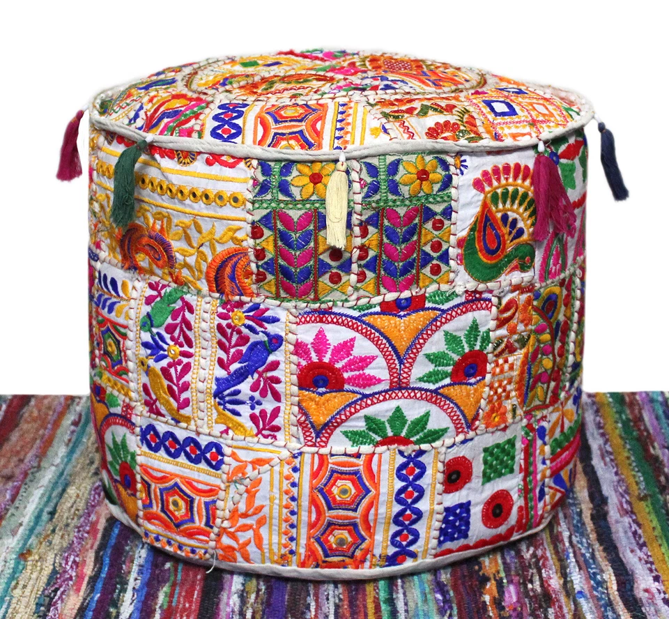 New Vintage Ottoman Pouf Cover Indian Patchwork Handmade Pouffe Decorative Round - Image 2 of 4