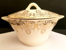 Vintage Round Sugar Bowl w Cover + Handles Gold Trim Laurel Shapes Dinnerware