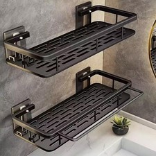 Shower Caddy Adhesive 2-Pack with Hooks and Rod for Towels, Black   Premium