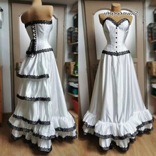 Vintage Victorian Wedding Dresses Black White Ruffles Satin Medieval Bridal Gown