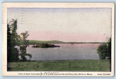 1928 Melrose Massachusetts Postcard View SPot Pond New England Sanitarium Field