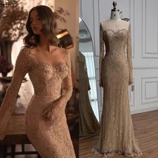 Lace Mermaid Evening Dresses with Long Sleeves Round Neck Applique Zipper Back