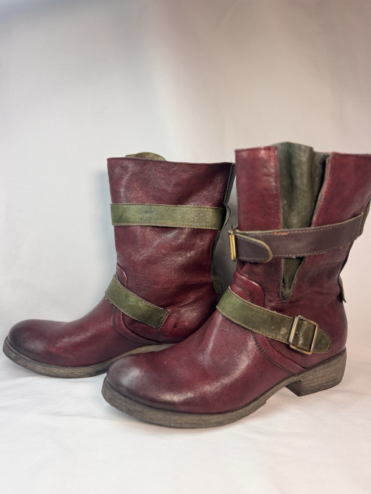 A.S. 98 Air step RARE Distressed Leather Moto Alt Red/green Buckle Boots Sz 38/8