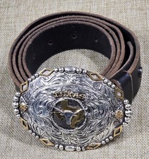 Vintage Texas Longhorn Belt Buckle On Harley Davidson Leather Belt Size 42