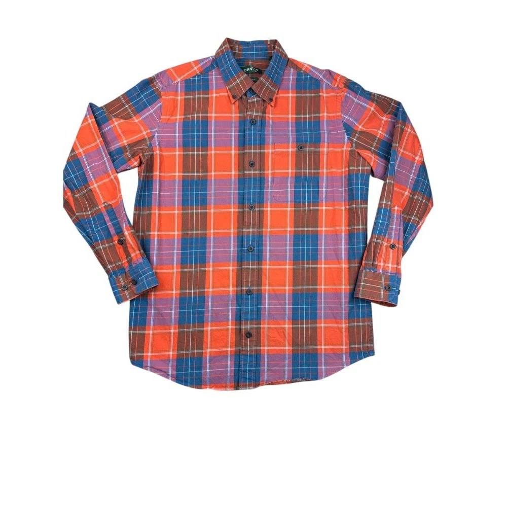 Orvis Signature Twill Plaid Shirt Mens Medium Orange Blue Button Down M