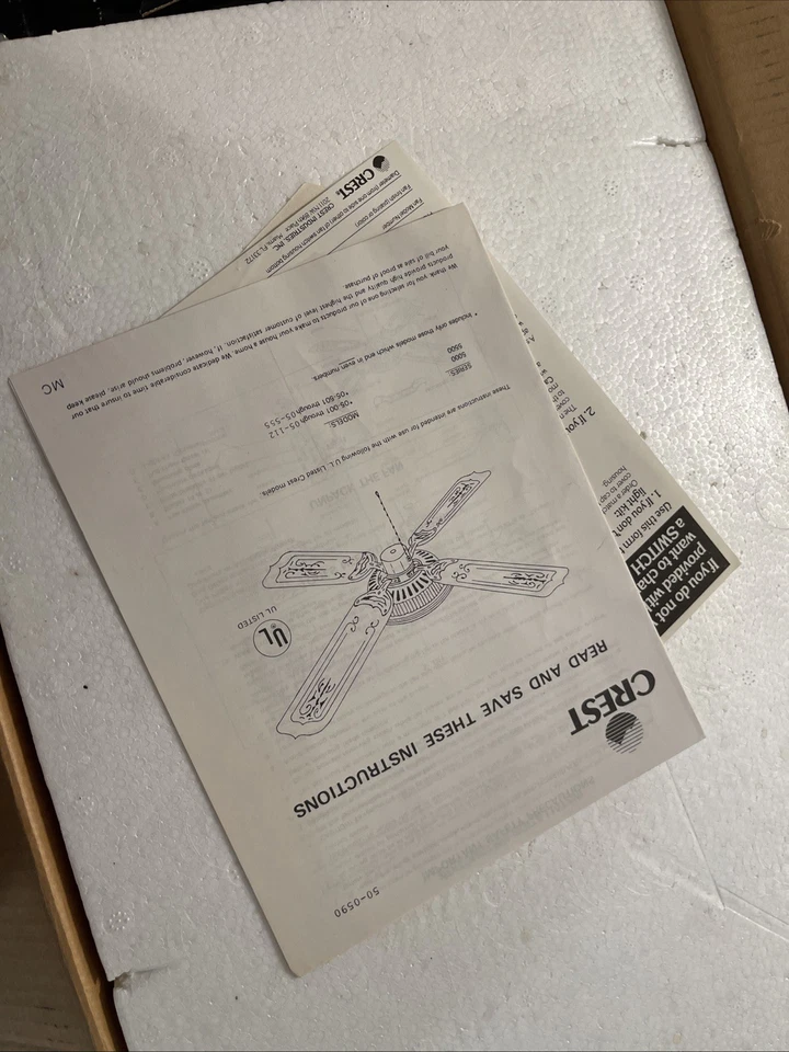 New In Box ‘Crest’ 5500 Series 52” Wood Grain Cane Blade Ceiling Fan Light 1980s - Image 3 of 4