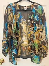 CHICO'S 100 Silk Sz 2 L Open Front Kimono Cardigan Top Exotic Print