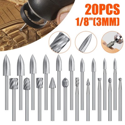20x Wood Carving Engraving Drill Rotary Burr Bits Milling Cutter Rotary Tool Set