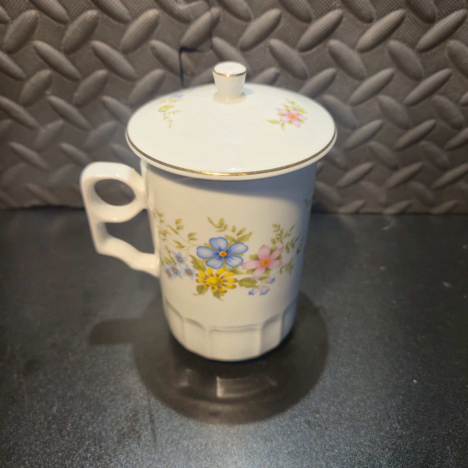 Vintage Porcelain Tea Cup With Lid Floral Butterfly Gold Trim Split Handle 6" image 3