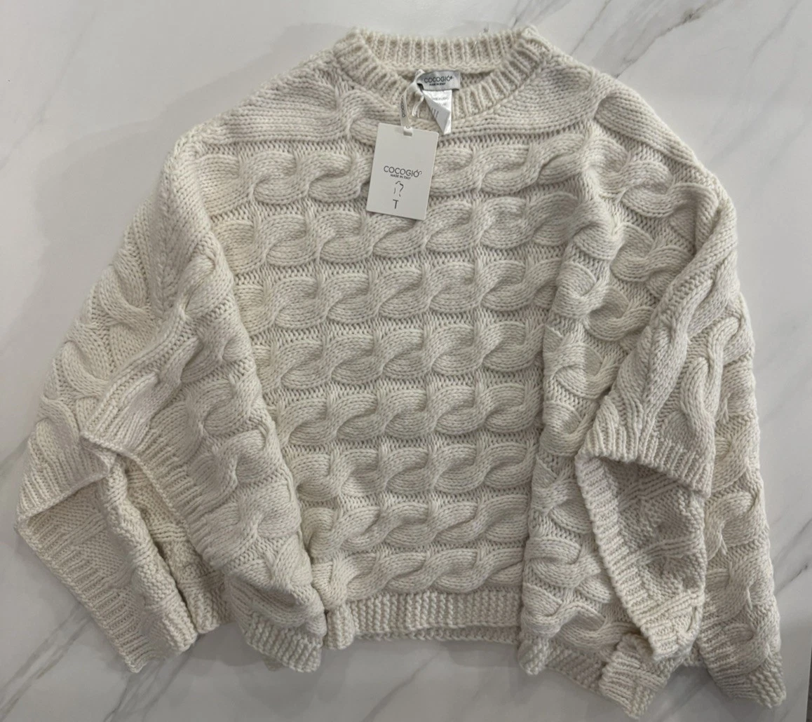Cocogio Made in Italy Poncho Sweater Cable Knit Hooded Wool Blend Ivory One Size