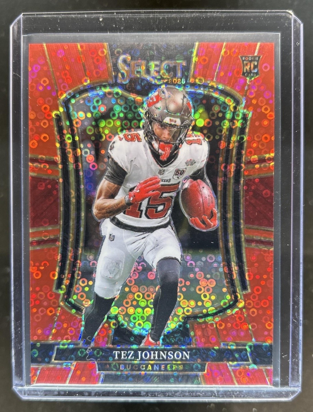 2025 Panini Select Tez Johnson Premier Level Red Disco Prizm RC #/49 Buccaneers