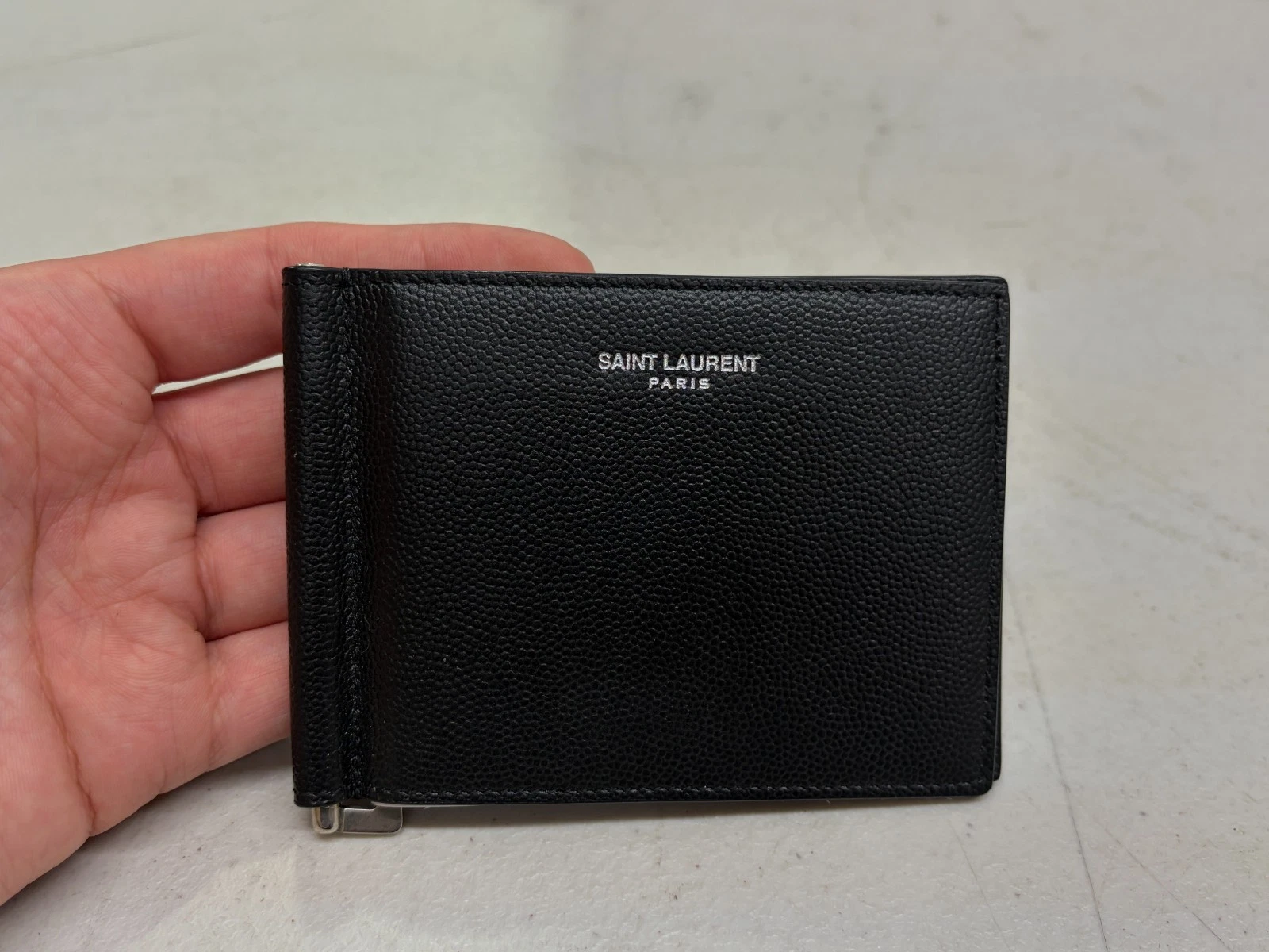 Saint Laurent — Saint Laurent Paris Bill Clip Bifold Wallet in Grain de Poudre Leather
