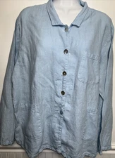 Match Point Women's L Blue 100% Linen L/S Button Tunic Top Lagenlook Coastal