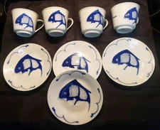 Vtg Koi Carp Fish Blue White Sake Tea Cup Saucer SET of 4