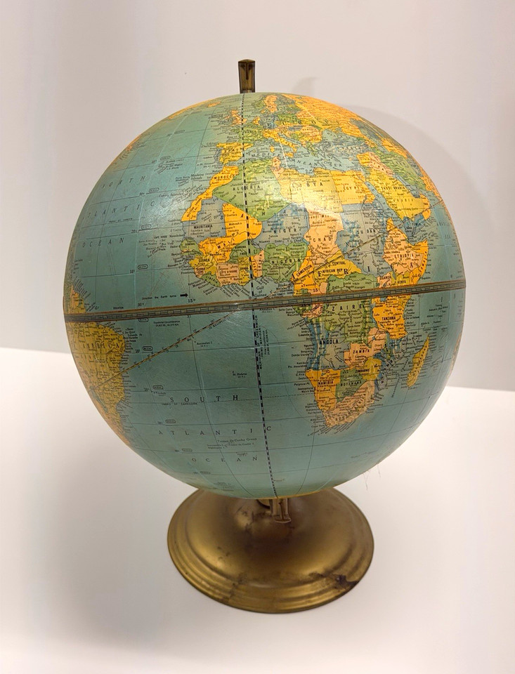 Vintage George F Cram Imperial 12” World Globe Brass Tone Base Time Dial USA