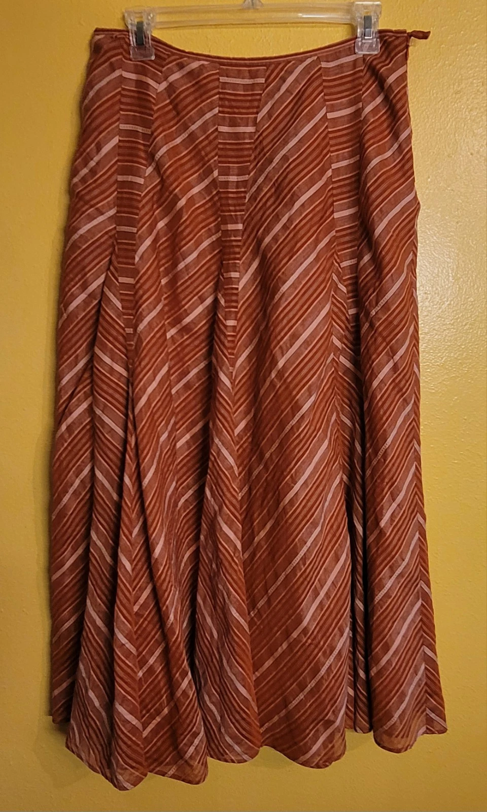Armand Ventilo Striped A-Line Silk & Linen Midi Skirt Pumpkin Peach US 10-12