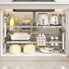Durable Adjustable Under Sink Storage - 2 Tier Heavy Stainless Steel Organizer