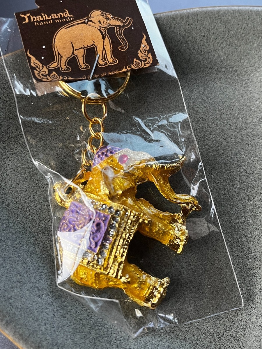 Thailand Goldtone Elephant w Purple Blanket & Hat Travel Souvenir
