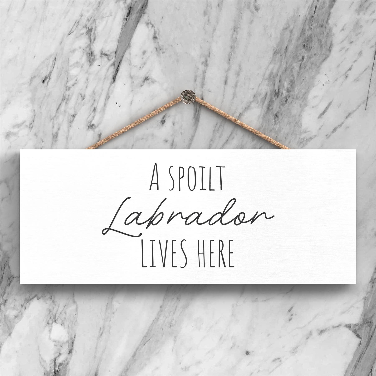 Spoilt Labrador Lives Here Humorous Typography Long Wooden Hanging Plaque