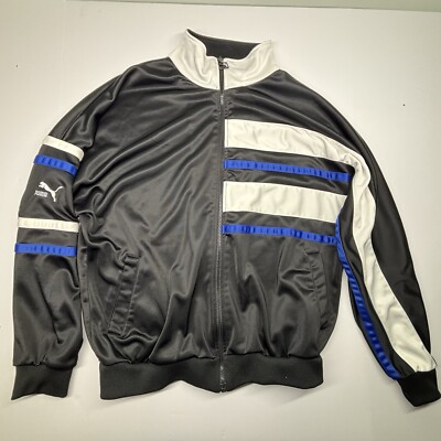 Vintage 80s PUMA Track Jacket Mens Blue White Black Style Color Block Zip