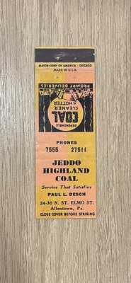 Jeddo Highland Coal Paul L Desch Allentown Pennsylvania Vintage Matchbook Cover