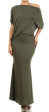 New Asymmetric Dolman Draping Off Shoulder Maxi Dress (M) Olive Green Flare