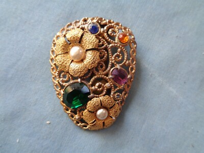 Rare Vintage Art Deco Brass Rhinestone Faux Pearl Dress Clip