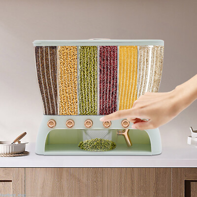 6 Grids Cereal Dispenser Box Dry Rice Grain Food Container W/ Measuring Cup