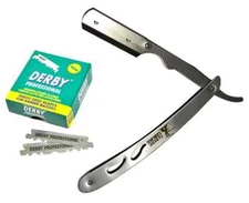 Classic Samurai Stainless Steel Straight Edge Barber Razor + 100 Derby Blades