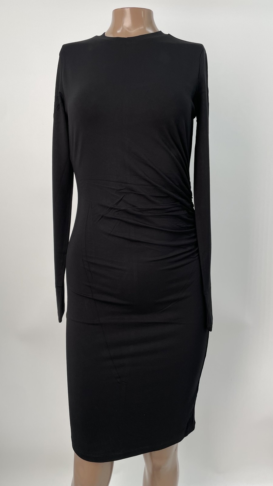 Vince Womens Midi Dress Black Size M Ruched Stretch-Jersey Long Sleeve Bodycon