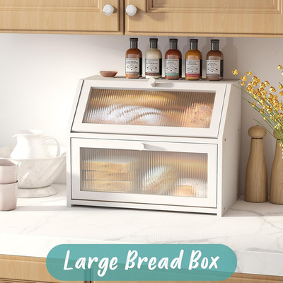White Bread Box for Kitchen Counter, Large Bamboo Wood Double Layer Bread Box...