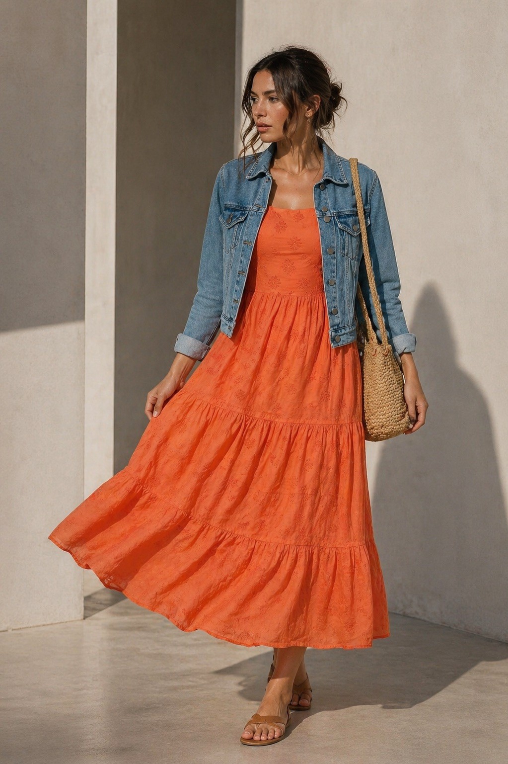 Old Navy Orange Maxi Dress Size L Embroidered Floral Tie Straps Boho Summer