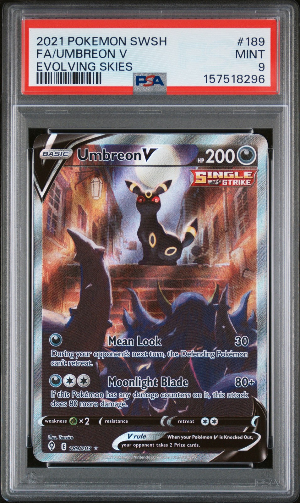 2021 POKEMON SWORD & SHIELD EVOLVING SKIES #189 FULL ART/UMBREON V PSA 9