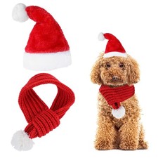 Christmas Dog Santa Hat and Scarf, Dog Scarf with White Pompom Ball Adjustabl...