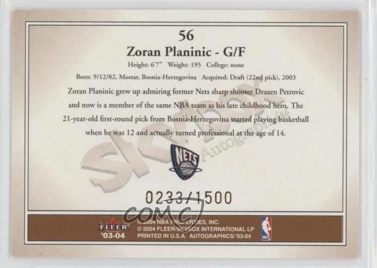 2003-04 Skybox Autographics Rookie /1500 Zoran Planinic #56 Rookie RC - Image 2 of 2