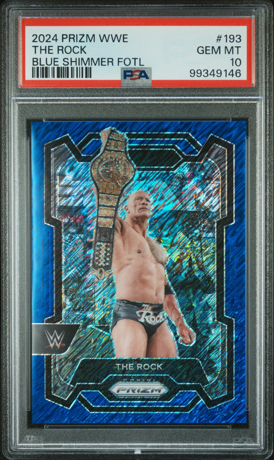 2024 Panini Prizm WWE The Rock #193 Blue Shimmer /11 Fotl PSA 10 view 1