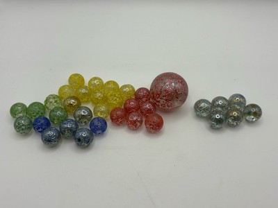 Lot Of 34 MARBLES Vintage Glass Confetti Speckled Solid White Color Blue Clear