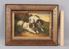 19thC Antique KING CHARLES SPANIEL Dogs Folk Art Oil Painting Signed Duke, NR