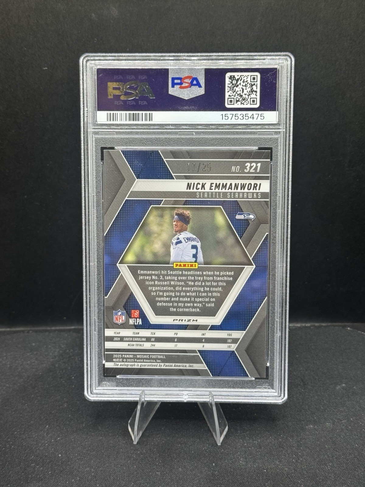 2025 Panini Mosaic Choice Nick Emmanwori 321 Fusion Green & Black /25 Auto PSA 9 view 2