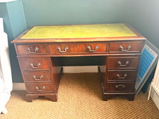 Vintage Mahogany Twin Pedestal Desk – Green Leather Top, 8 drawer
