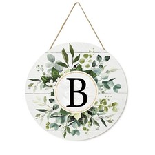 Smile Monogram Letter B Wreaths Wooden Welcome Sign, Family Last Name Initial...