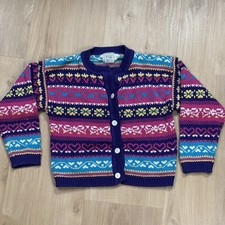 VTG Girls Cardigan Sweater 5-6 Hearts Bows Pink Purple Pearl Buttons Knit