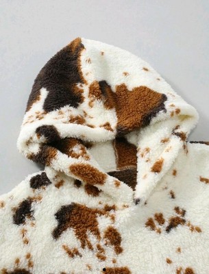 Oversize Teddy Hoodie Damen Herren Flauschiger Sherpa Pullover mit Kuhflecken De
