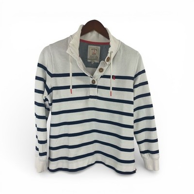 Joules Southwold Striped Funnel Neck Pullover UK 12 US 8 Navy White 100% Cotton